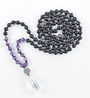 mala beads, mala necklace, black agarwood, amethyst, pyrite, clear quartz